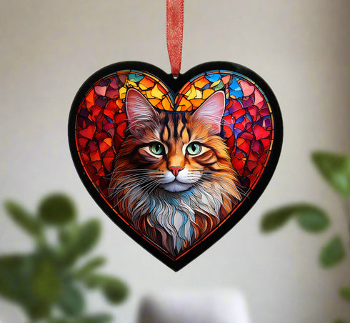 Maine Coon Cat Stained Glass Effect Heart Suncatcher
